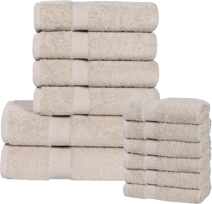 Superior 12-Piece Cotton Assorted Towel Set, Includes 6 Face Towel, 4 Hand, and 2 Bath Towels, Home, Bathroom, Guest Bath Essentials, Quick Dry, Absorbent, Franklin Collection - Stone