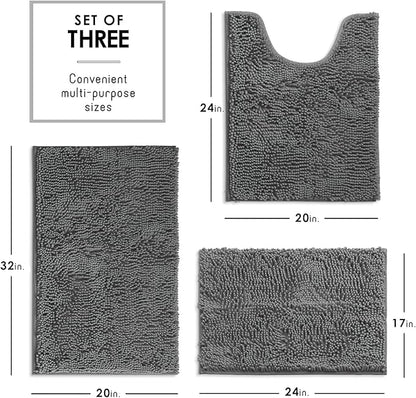 Hearth & Harbor Bathroom Rugs, Chenille Bath Mat - Machine Washable Bath Mats for Bathroom Non-Slip Backing Rubber, Quick Dry Mat - Grey Bath Rug, 17x24-20x32-20x24