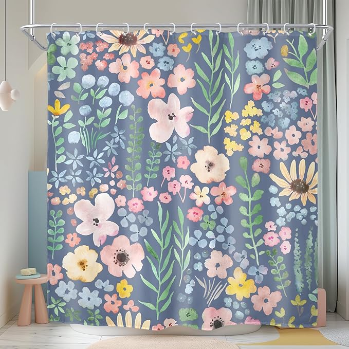 Blue Floral Cute Colorful Kids Girly Spring Art Bathroom Shower Curtain Set | 72"W x 72"H Botanical Plants; waterproof HD print, quick-dry fabric with 12 hooks for easy hanging.