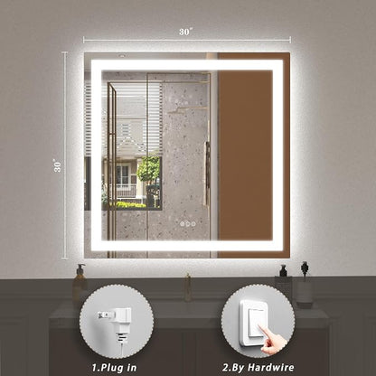 30x30 LED Lighted Bathroom Mirror for Vanity Wall | Front Light and Backlit, Anti-Fog, Memory, 3 Color, Tempered Glass, Dimmable, Rectangular, UL, Horizontal/ Vertical Mounted