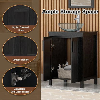 UEV Black 24" Bathroom Vanity with Sink Combo,Modern Vanity with Vessel Sink,Stylish Bathroom Vanity Cabinet,Grooved Doors & Metal Handles,Modern Glass Round Bowl Tempered Glass Vessel Sink(A16)