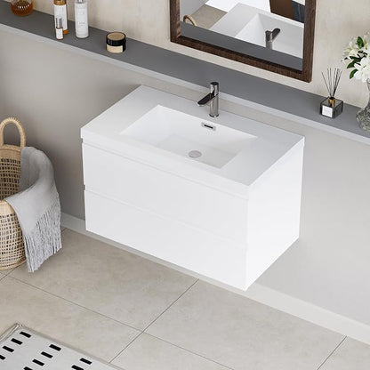 Pre-Assembled 36'' Wall Mounted Bathroom Vanity with Sink, Glossy White | Floating Bathroom Vanity with Solid Surface Top Basin, 2 Soft-Close Drawers, Resin Integrated Sink, Easy to Install & Clean