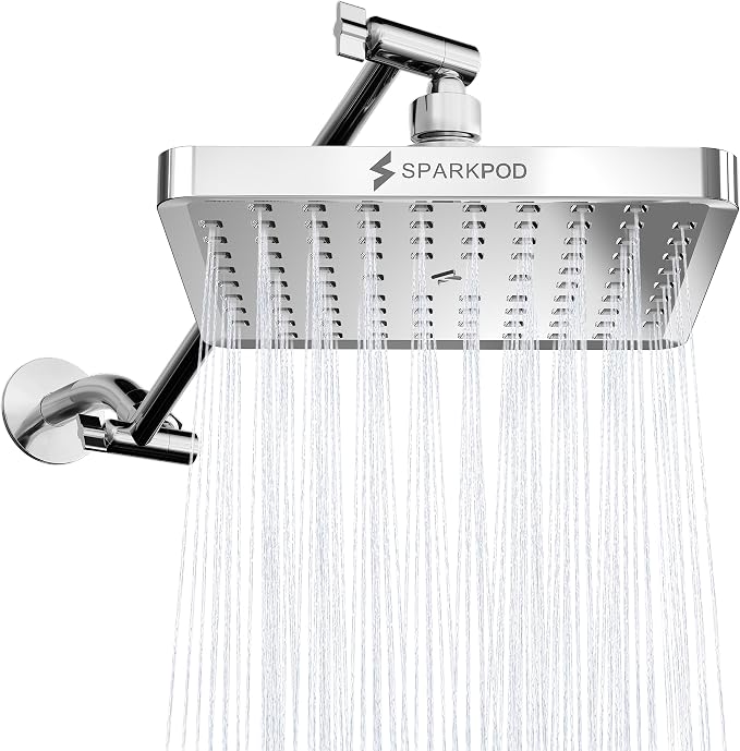 SparkPod 8" Square Rain Shower Head with 11" Shower Arm | Shower Head & Extension Arm Combo, Height Adjustable, High Pressure Performance, Easy 1-Minute Installation, Polished Chrome