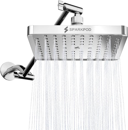 SparkPod 8" Square Rain Shower Head with 11" Shower Arm | Shower Head & Extension Arm Combo, Height Adjustable, High Pressure Performance, Easy 1-Minute Installation, Polished Chrome