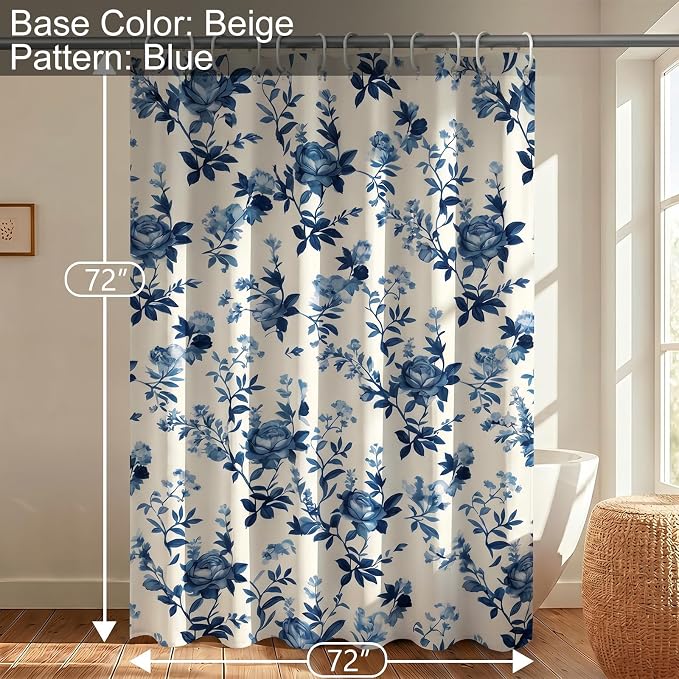 Farmhouse Blue Floral Shower Curtain, Fabric Faux Linen Shower Curtain Set with 12 Rings, Vintage Cottagecore Boho Shower Curtains for Bathroom 72" W x 72" L （Beige + Blue