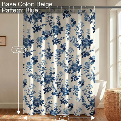 Farmhouse Blue Floral Shower Curtain, Fabric Faux Linen Shower Curtain Set with 12 Rings, Vintage Cottagecore Boho Shower Curtains for Bathroom 72" W x 72" L （Beige + Blue