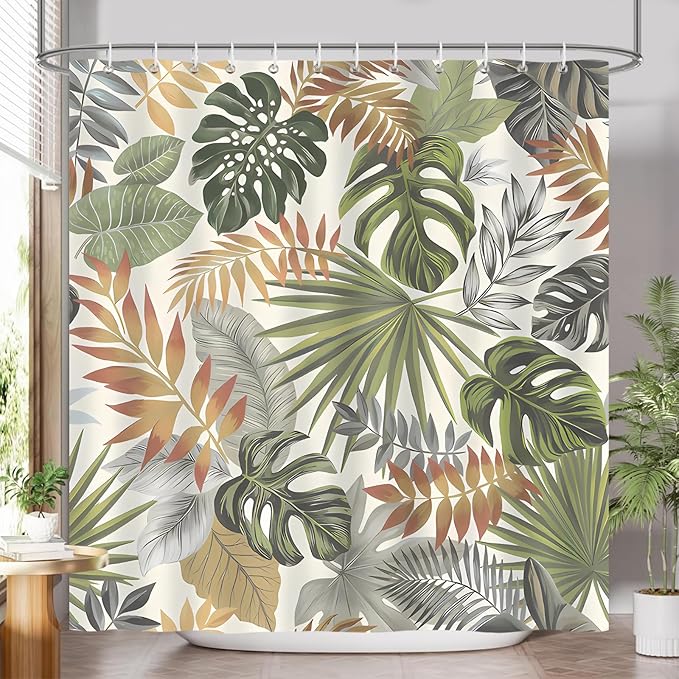 Tropical Leaves Shower Curtain, Grey Green Palm Leaf Botanical Summer Shower Curtain for Bathroom, Waterproof Polyester with 12 Hooks, 72 x 72 Inches