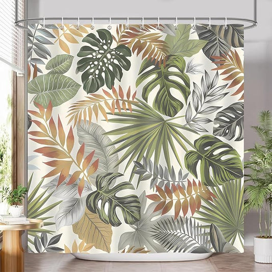 Tropical Leaves Shower Curtain, Grey Green Palm Leaf Botanical Summer Shower Curtain for Bathroom, Waterproof Polyester with 12 Hooks, 72 x 72 Inches