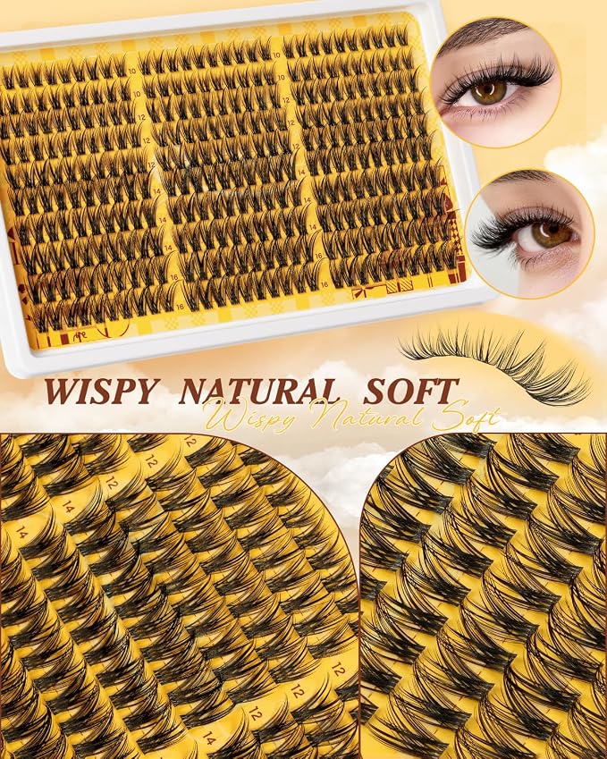 QUEWEL Lash Clusters Kit 300PCS C Curl Wispy Eyelash Clusters(JS01-Kit) | Natural Look Cluster Lashes Extensions Kit with Lash Bond and Seal and Tweezers Natural Eyelash Clusters Use at Home