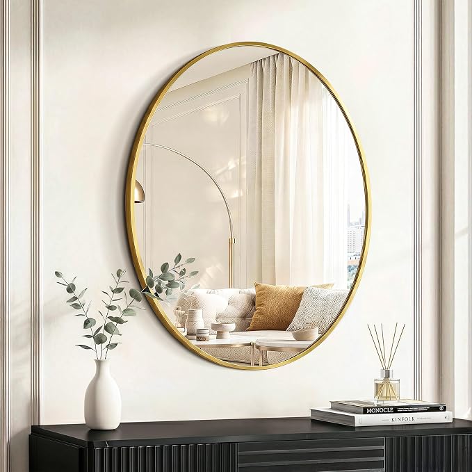 Oval Bathroom Mirror for Wall, 22"x28" Gold Bathroom Vanity Mirror | HD Shatterproof Glass, Metal Framed, Oval Vanity Mirrors for Bathroom, Bedroom, Living Room, Entryway, Horizontal or Vertical