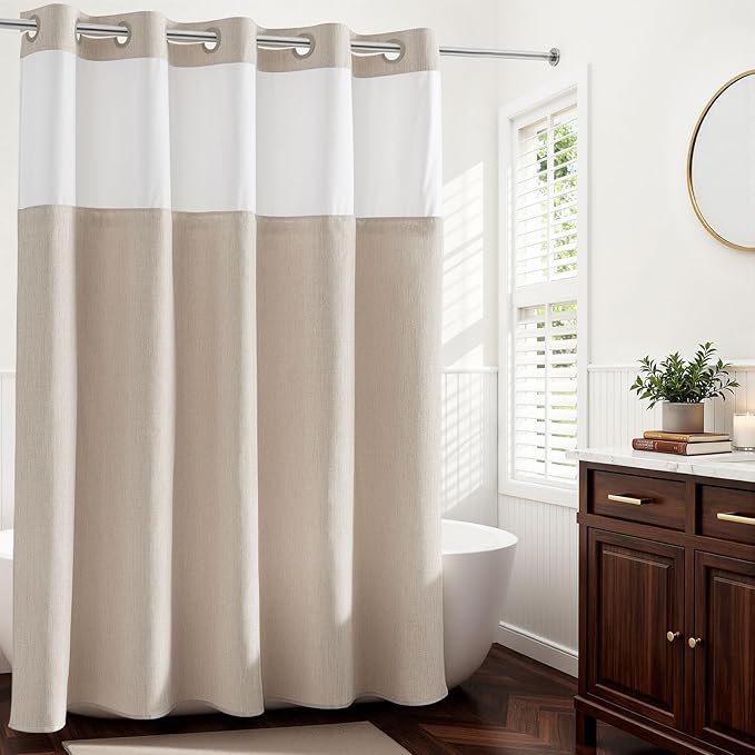 River Dream Linen Textured No Hooks Shower Curtain with Liner,Linen,71x77 | Mesh Top Window,with Snap-in Liner,Heavy Duty Fabric,Quick Dry,Bottom Magnets,Water-Repellent,Washable,Farmhouse Bathroom Set
