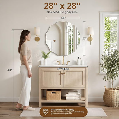 CILIBER Wavy Mirror for Wall, 28'' Scalloped Frameless Round Mirror, 3mm Tempered Glass Decorative Bathroom Vanity Mirror, Mounting/Leaning for Mantel, Living Room, Bedroom and Entryway