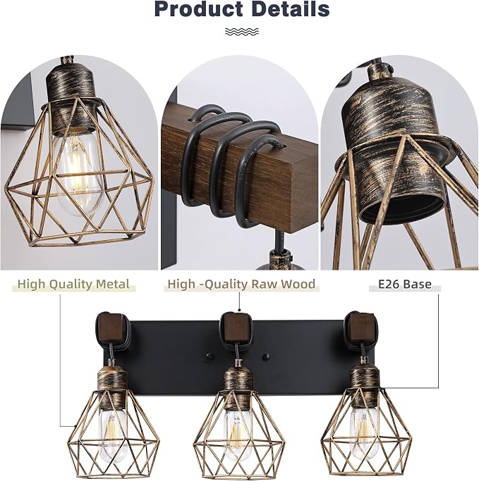 maesta Bathroom Vanity Light, 3 Light Farmhouse Fixture Over Mirror | Farmhouse Bathroom Light Fixtures, Wood & Metal, Black Gold, Anti-Rust Easy to Install for Rustic Bathroom Hallway