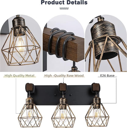 maesta Bathroom Vanity Light, 3 Light Farmhouse Fixture Over Mirror | Farmhouse Bathroom Light Fixtures, Wood & Metal, Black Gold, Anti-Rust Easy to Install for Rustic Bathroom Hallway