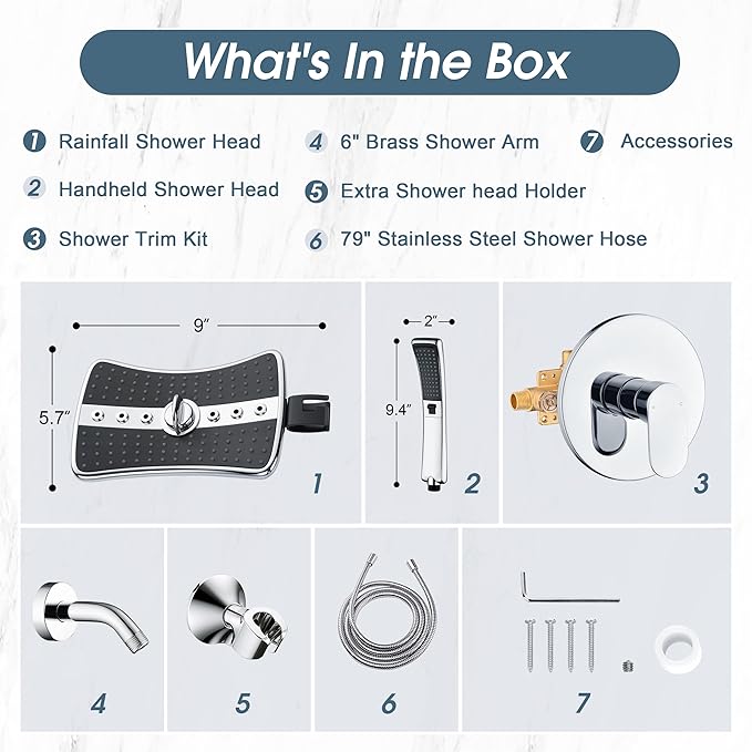 BRIGHT SHOWERS Dual Shower Head System with Handheld and Rainfall Shower, Shower Faucet Set with Valve and Trim Kit, Includes 79-Inch Stainless Steel Hose, Chrome