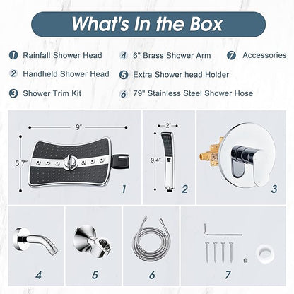 BRIGHT SHOWERS Dual Shower Head System with Handheld and Rainfall Shower, Shower Faucet Set with Valve and Trim Kit, Includes 79-Inch Stainless Steel Hose, Chrome