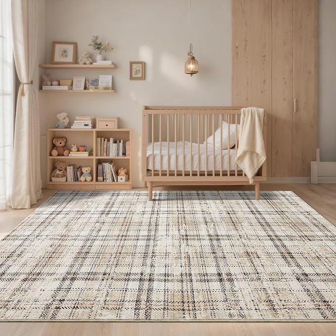 Modern Washable 8x10 Area Rug - Soft, Non-Slip, Stain Resistant, Farmhouse Tartan Plaid for Living Room, Bedroom, Nursery, Office - Beige
