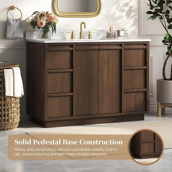 48" Fully Assembled Bathroom Vanity with Sink, Dark Brown | Solid Wood Frame Vanity with Engineered Stone Top & Backsplash, Ceramic Sink, 6 Full-Extension Drawers & 2 Soft-Close Doors