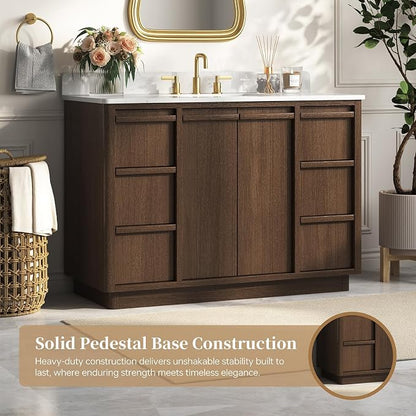 48" Fully Assembled Bathroom Vanity with Sink, Dark Brown | Solid Wood Frame Vanity with Engineered Stone Top & Backsplash, Ceramic Sink, 6 Full-Extension Drawers & 2 Soft-Close Doors