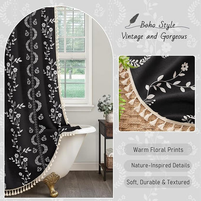 Boho Black Vintage Shower Curtain with Tassels 72 x 72 Inch | Bohemian Floral Linen Fabric Pattern Curtain Curtain For Bathroom