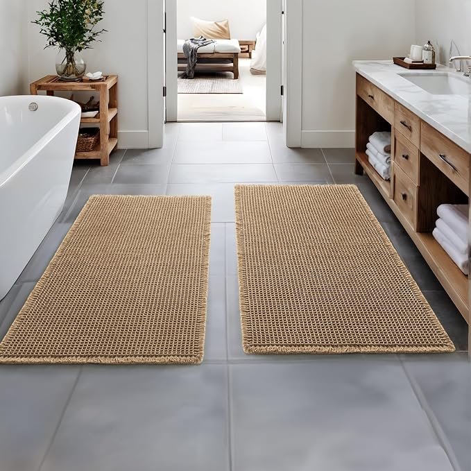 MIULEE Set of 2 Waffle Bathroom Runner Rugs Brown 2'x4'(24"x48") | Non Slip, Super Absorbent, Washable, Ultra Soft, Boho Bath Mats for Bathroom Hallway Bedroom Laundry Room Kitchen