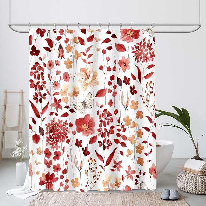 Red Floral Shower Curtain, Cute Flower Fabric Shower Curtains for Bathroom, Watercolor Wildflower Butterfly Cloth Shower Curtain Set with Hooks, 72x72