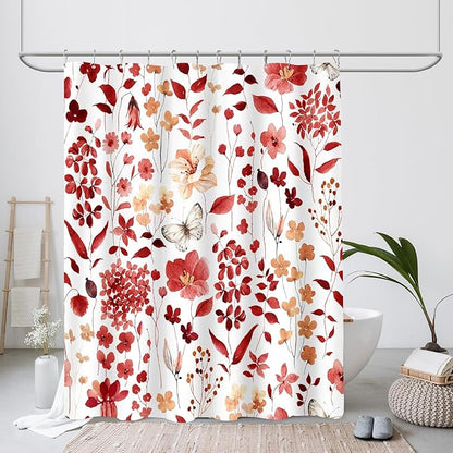 Red Floral Shower Curtain, Cute Flower Fabric Shower Curtains for Bathroom, Watercolor Wildflower Butterfly Cloth Shower Curtain Set with Hooks, 72x72