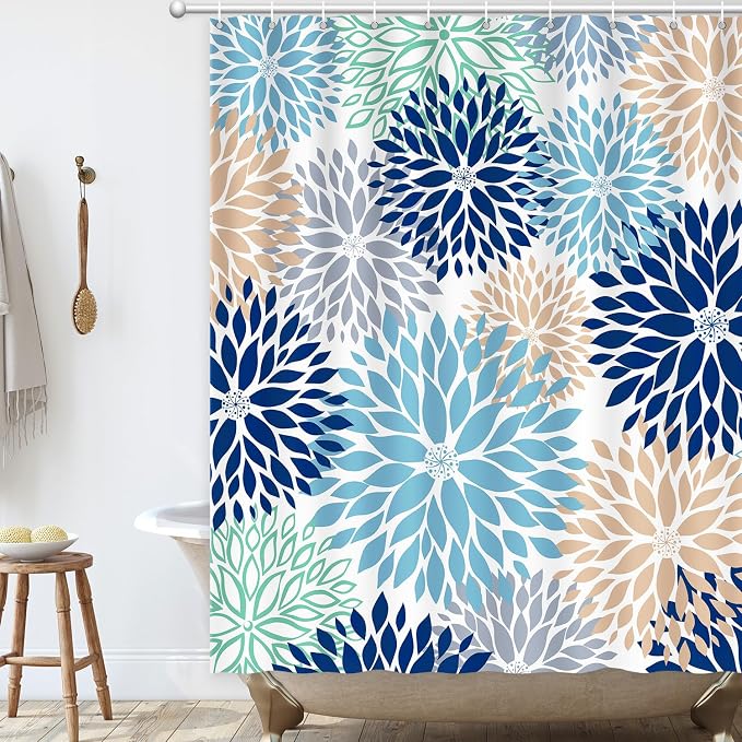 Shower Curtain Dahlia, Floral Shower Curtain Teal Blue Flowers Shower Curtains with Hooks for Bathroom Waterproof Polyester Fabric Machine Washable Home Farmhouse Decor Bath Curtains 72 X 72 Inches