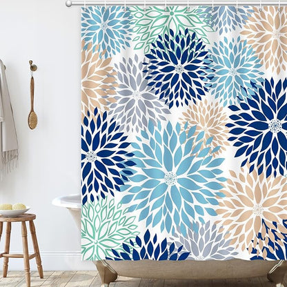 Shower Curtain Dahlia, Floral Shower Curtain Teal Blue Flowers Shower Curtains with Hooks for Bathroom Waterproof Polyester Fabric Machine Washable Home Farmhouse Decor Bath Curtains 72 X 72 Inches