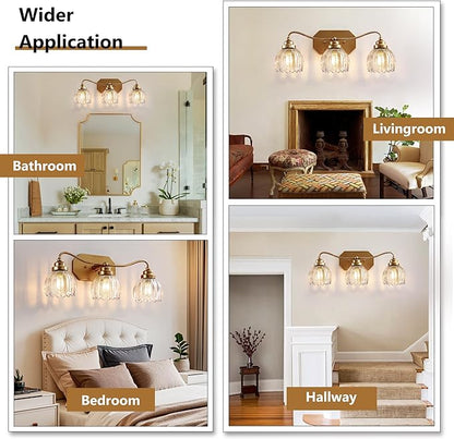 Vintage Bathroom Light Fixtures, Gold Bathroom Vanity Light, Matte Antique Brass Finish with Crystal Glass Shade, Wall Sconces Lighting for Bedroom, Living Room, Hallway (Gold, 3-Light)