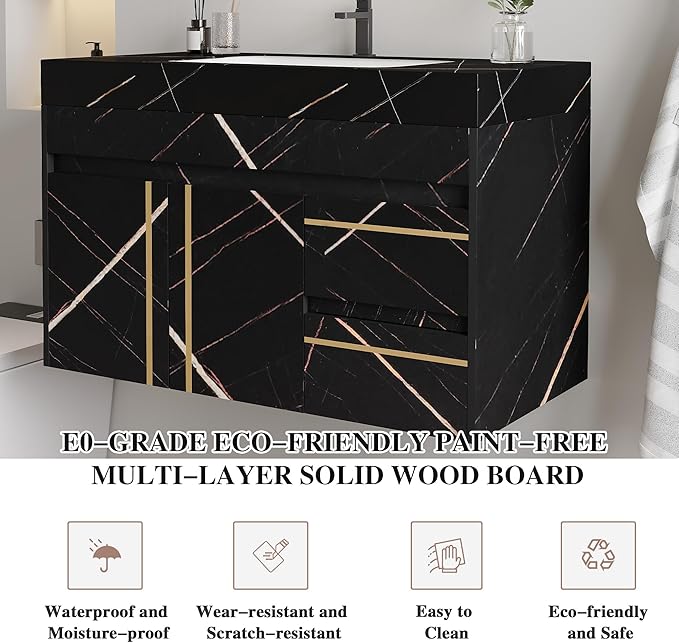 36 inch Modern Floating Bathroom Vanity with Ceramic Sink, Wall Mounted Bathroom Cabinet with Faux Marble Countertop, Soft Closing Doors & 2 Storage Drawers for Small Space, Black