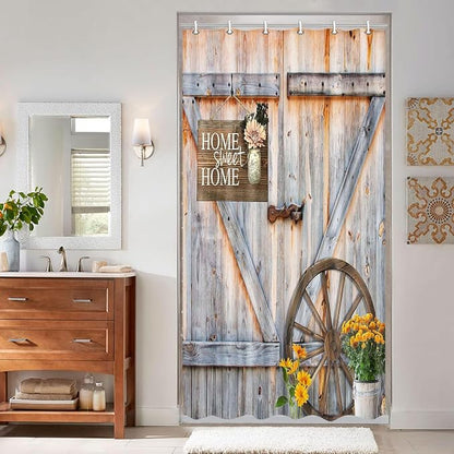 Rustic Barn Door Shower Curtain for Bathroom, Western Farmhouse Yellow Daisy Floral Small Size RV Bath Curtain Sets for Campers,Fabric Countryside Wooden Cabin Decor Curtains with Hooks 36X70IN