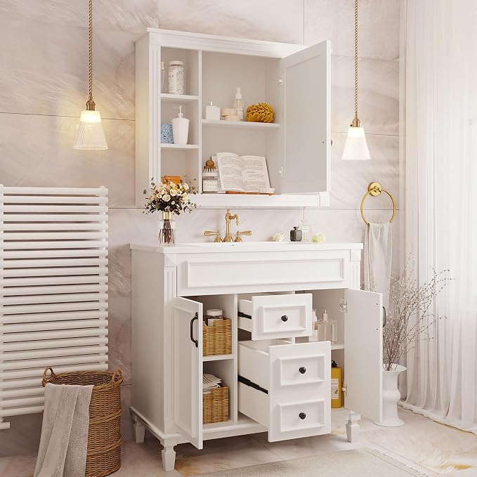 36" Bathroom Vanity with Top Sink, Mirror Cabinet, Modern Bathroom Storage Cabinet with 2 Soft Closing Doors and 2 Drawers, Single Sink Bathroom Vanity