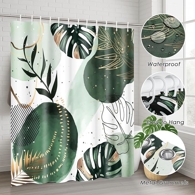 Bathroom Sets with Shower Curtain and Rugs, 4 Pcs, Boho Sage Green | Abstract Mid Century Plant Bathroom Decor Set with Toilet Lid Cover, Non-Slip Bath Mats and Accessories 12 Hooks
