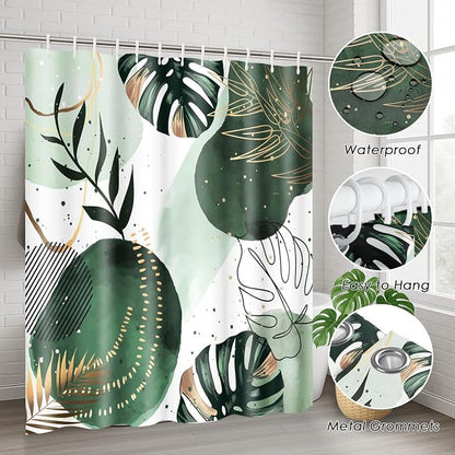 Bathroom Sets with Shower Curtain and Rugs, 4 Pcs, Boho Sage Green | Abstract Mid Century Plant Bathroom Decor Set with Toilet Lid Cover, Non-Slip Bath Mats and Accessories 12 Hooks