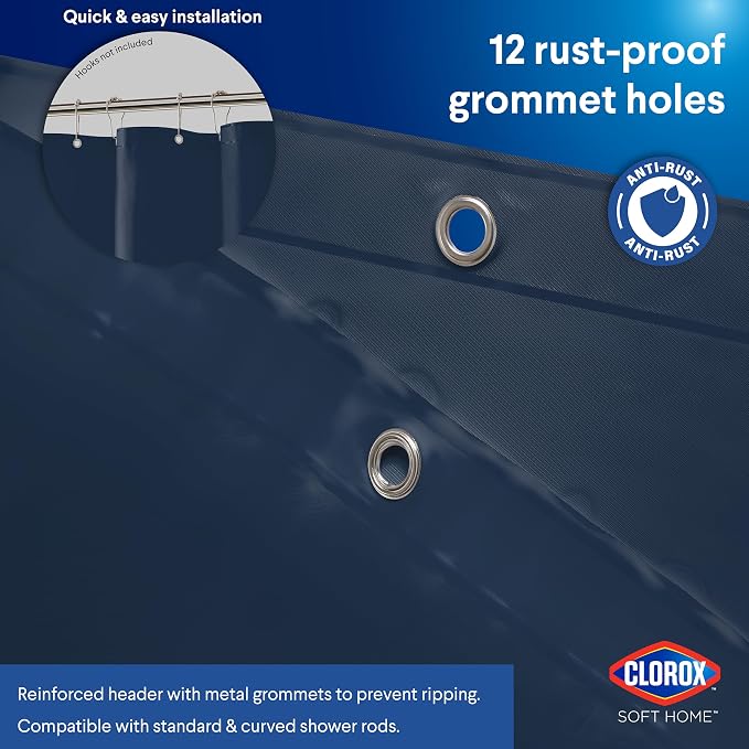 Clorox Shower Curtain Liner, Premium Colored Medium-Weight Durable Waterproof 6g PEVA for Bathroom with Weighted Magnets, Standard Size 72" x 72", Blue