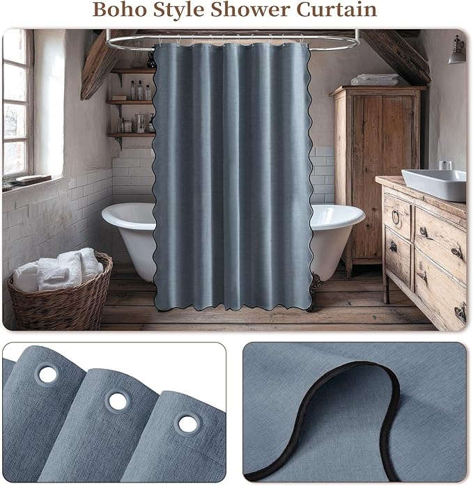 BTTN 54 Inch Stall Shower Curtain, Boho Scalloped Linen Textured Heavy Duty Fabric Shower Curtain Set with 10 Hooks, Narrow Farmhouse Rustic Waterproof Shower Curtains for Bathroom, 54x78, Blue Grey