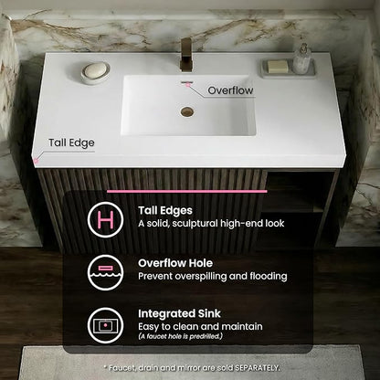 48" Bathroom Vanity with Sink Combo, Mid Century Modern Bathroom Cabinet with Doors & Open Shelf, Glossy White Integrated Sink with Overflow, Dark Grey Oak