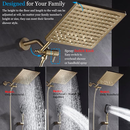 Shower Faucet Set Brushed Gold Rough-in Anti-Scald Pressure Balanced Valve Body Modern Luxury Wall Mounted 10 Inch Rain Mixer Shower System (Brushed Gold)