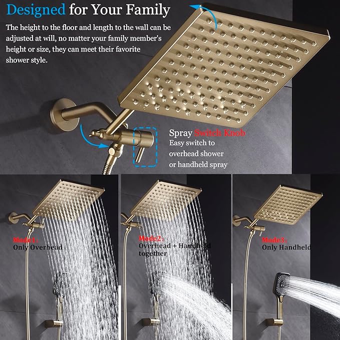 Shower Faucet Set with Tub Spout Brushed Gold 10 Inch Rainfall Shower 4 Setting Spray Mixer Shower System Modern Luxury Wall Mounted Tub Shower Faucet Set Rough-in Valve Body (Brushed Gold)
