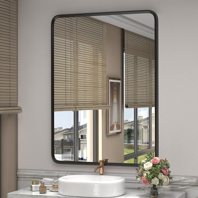 28x36 Black Bathroom Mirror for Wall | Matte Black Metal Frame, Rounded Rectangle Vanity Mirror for Farmhouse, Anti-Rust, Shatterproof (Horizontal/Vertical)