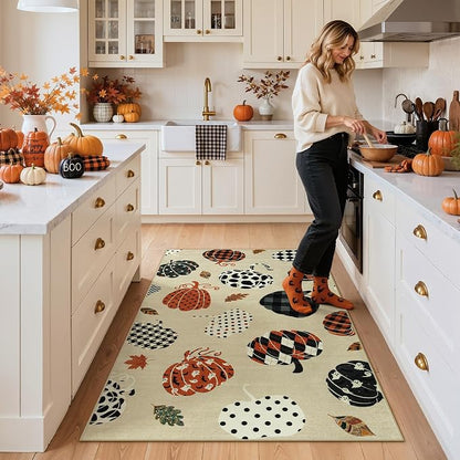 Tribesigns 3x5 Beige Halloween Fall Pumpkin Print Area Rug for Kitchen | Washable Non-Slip Low-Pile Autumn Thanksgiving Rug for Hallway, Entryway, Bedroom, Bathroom, Halloween Home Decor Indoor Rug