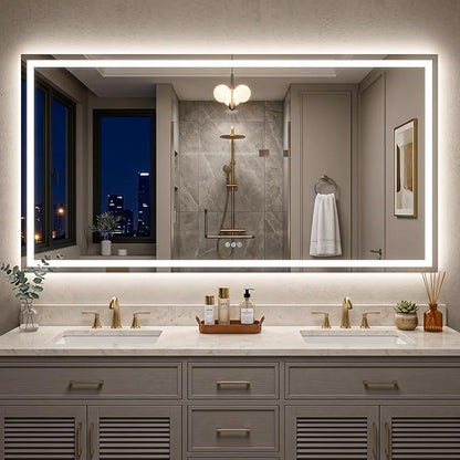 Antok 60x28 LED Bathroom Mirror with Lights, Backlit + Front Lit Vanity Mirror with CRI>90, Dimmable Anti-Fog Smart Mirror with Memory Function, 3 Color Temperatures, Shatterproof Tempered Glass, ETL