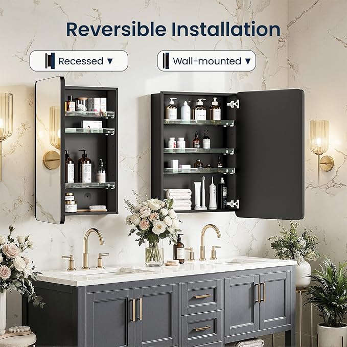 Medicine Cabinet 20x26 Inch, Aluminum Bathroom Mirror Cabinet with Storage, Recessed or Surface Mount, Black Vanity Storage Unit with 3 Anti-Tip Adjustable Acrylic Shelves, Soft Close Hinge
