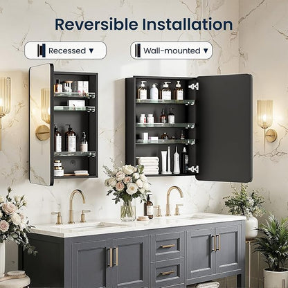 Medicine Cabinet 20x26 Inch, Aluminum Bathroom Mirror Cabinet with Storage, Recessed or Surface Mount, Black Vanity Storage Unit with 3 Anti-Tip Adjustable Acrylic Shelves, Soft Close Hinge