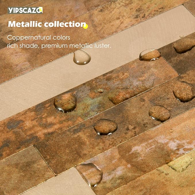 Yipscazo 1 Sheet Peel and Stick Metal Tile Backsplash, Stick on Tiles for Backsplash Kitchen, Bathroom, Laundry Room, Camper, Fireplace (12'' X 12'', Copper)