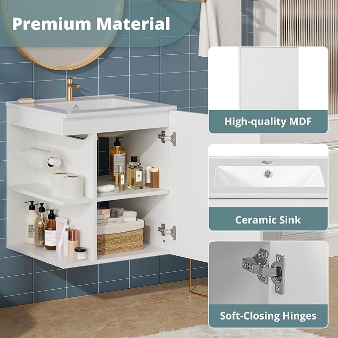 Merax Herringbone Single Sink Bathroom Vanity, Floating 20" Modern Bathroom Vanity Cabinet with Side Storage, Toilet Paper Holder, Solid Wood Cleat Wall Mount