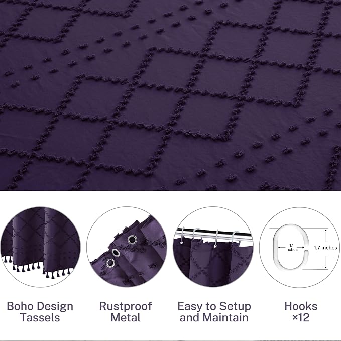 Siiluminisoy 78inch Long Dark Purple Shower Curtain Boho Shower Curtain Woven Fabric Tufted Chevron Textured Striped Modern Farmhouse Minimalist Cloth Shower Curtains for Bathroom, 72" x 78"