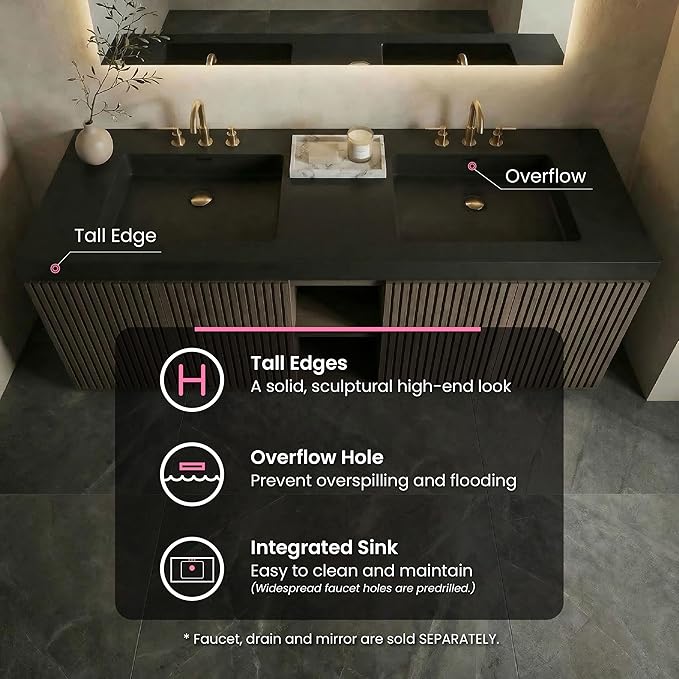 72" Bathroom Vanity with Sink Combo, Mid Century Modern Bathroom Cabinet with 4 Doors & Open Shelf, Matte Black Integrated Sink with Overflow, Dark Grey Oak