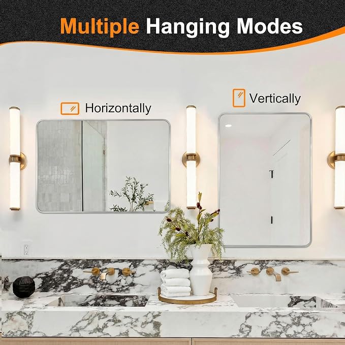 Bathroom Vanity Mirror, Silver Framed Mirror for Over Sink, 30x20 | HD glass, distortion-free for makeup and grooming, Sturdy frame, all mounting hardware, hangs horizontal or vertical